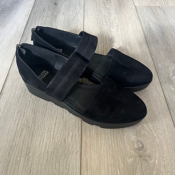 Eileen Fisher Marlow Mary Jane Women's 8 Black Suede Low Wedge Shoe Zip Back - Picture 2 of 10